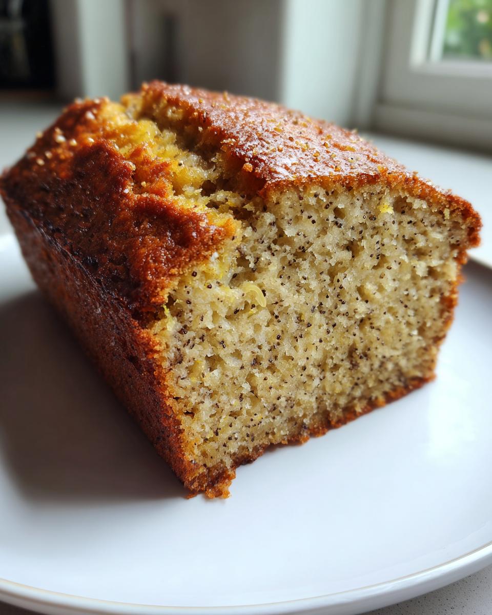 Close-up of a moist slice of Lemon Zucchini Bread showing poppy seeds and a golden crust.