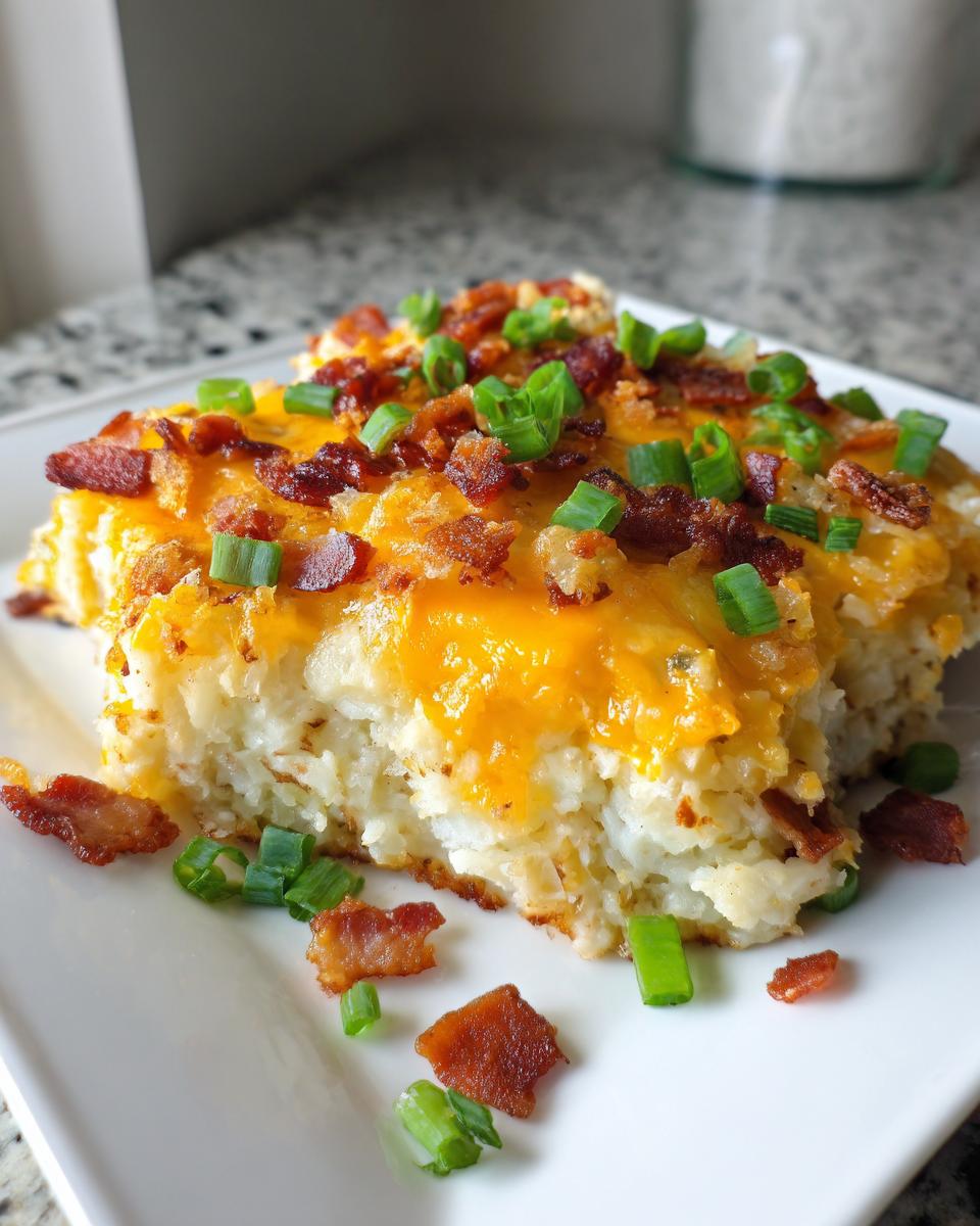 A square serving of Loaded Baked Potato Casserole topped with melted cheddar cheese, bacon bits, and green onions.