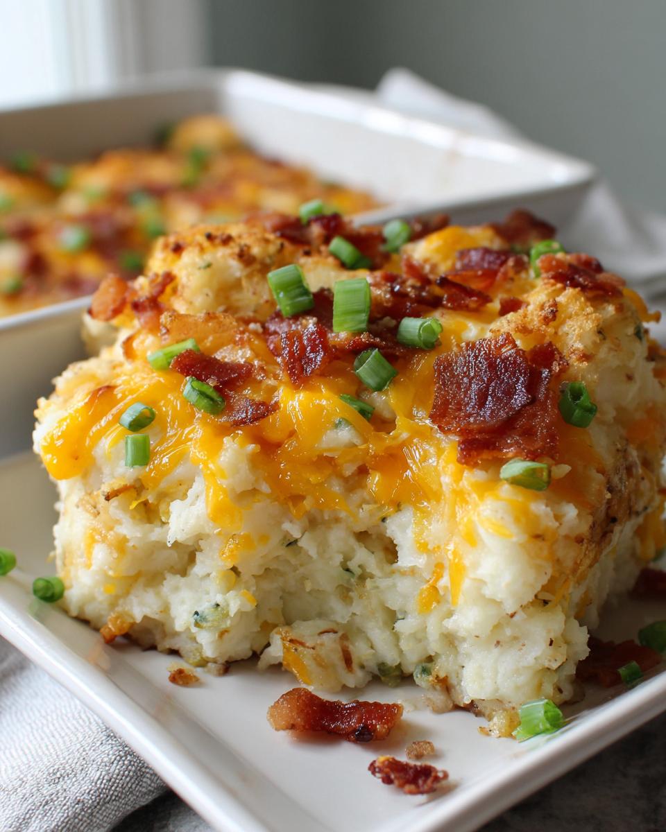 A close-up of a serving of Loaded Baked Potato Casserole topped with melted cheddar cheese, bacon, and green onions.