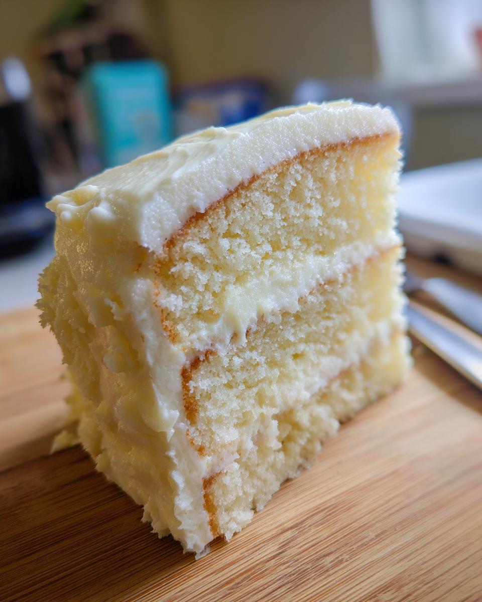 Close-up of a moist slice of layered vanilla Birthday Cake with thick white frosting