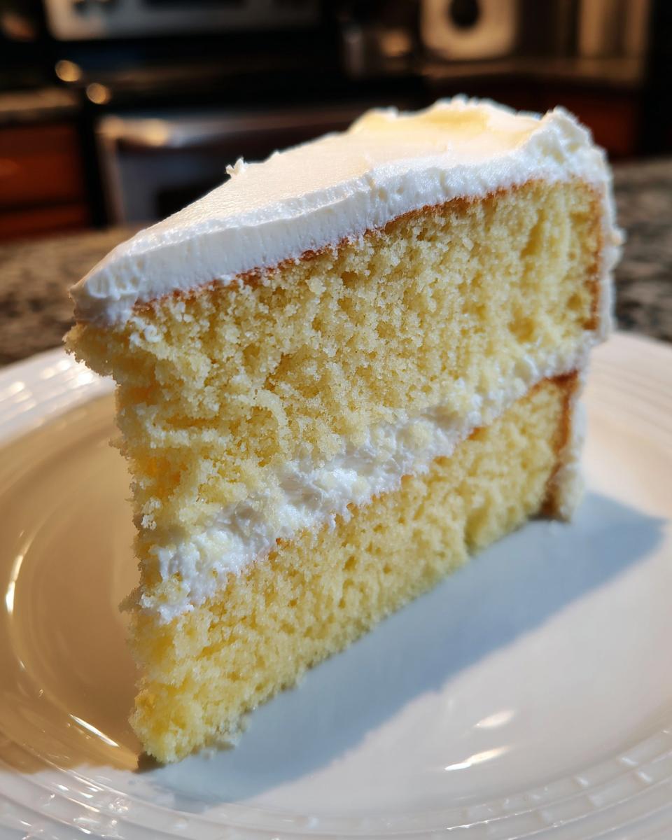 Close-up of a moist, two-layer yellow Birthday Cake slice topped with thick white frosting.