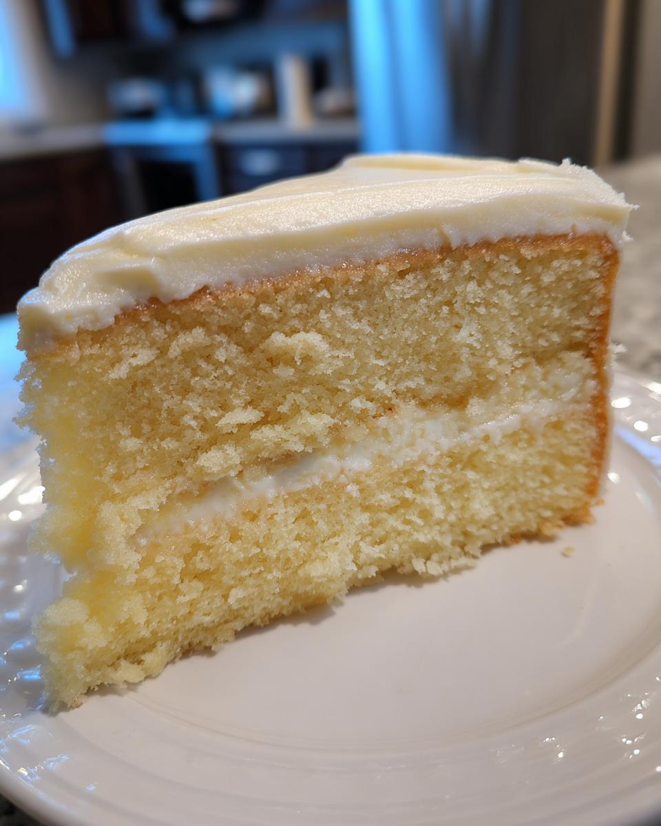 Close-up of a moist slice of vanilla Birthday Cake with white frosting and filling.