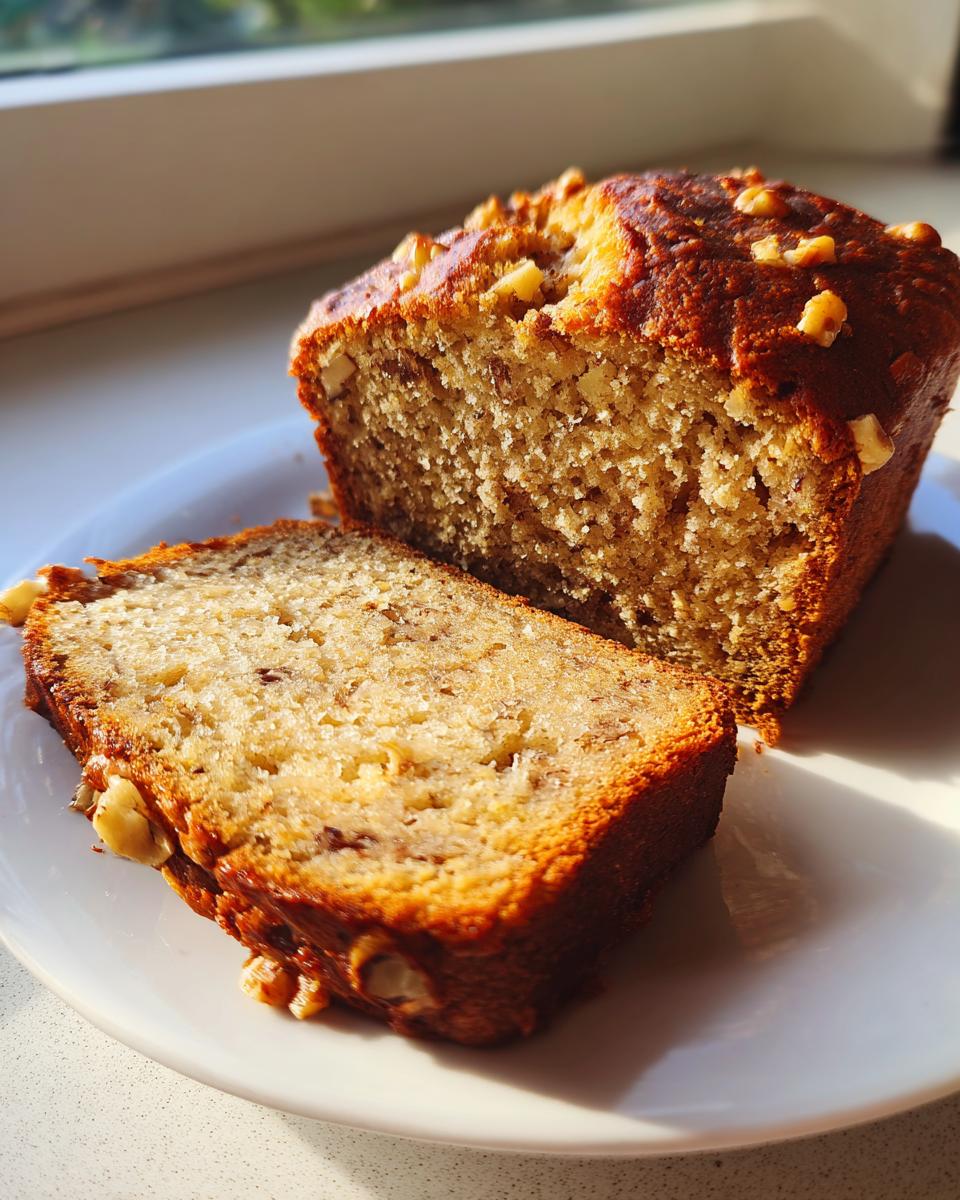 Close-up of sliced Maple Walnut Breakfast Bread showing a moist crumb and walnuts on top, bathed in sunlight.