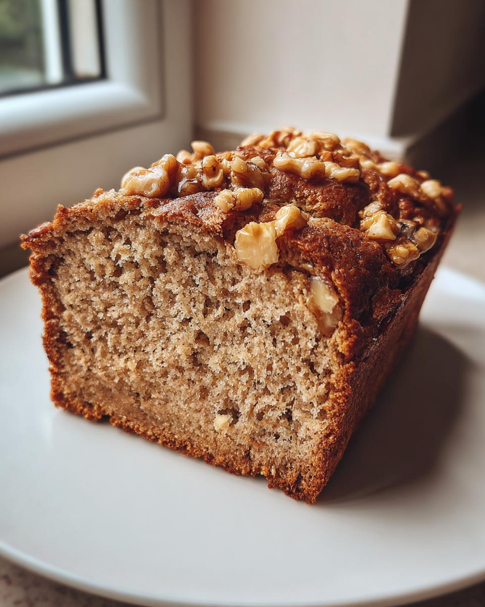 A thick slice of moist Maple Walnut Breakfast Bread topped with walnuts and a light glaze, served on a white plate.