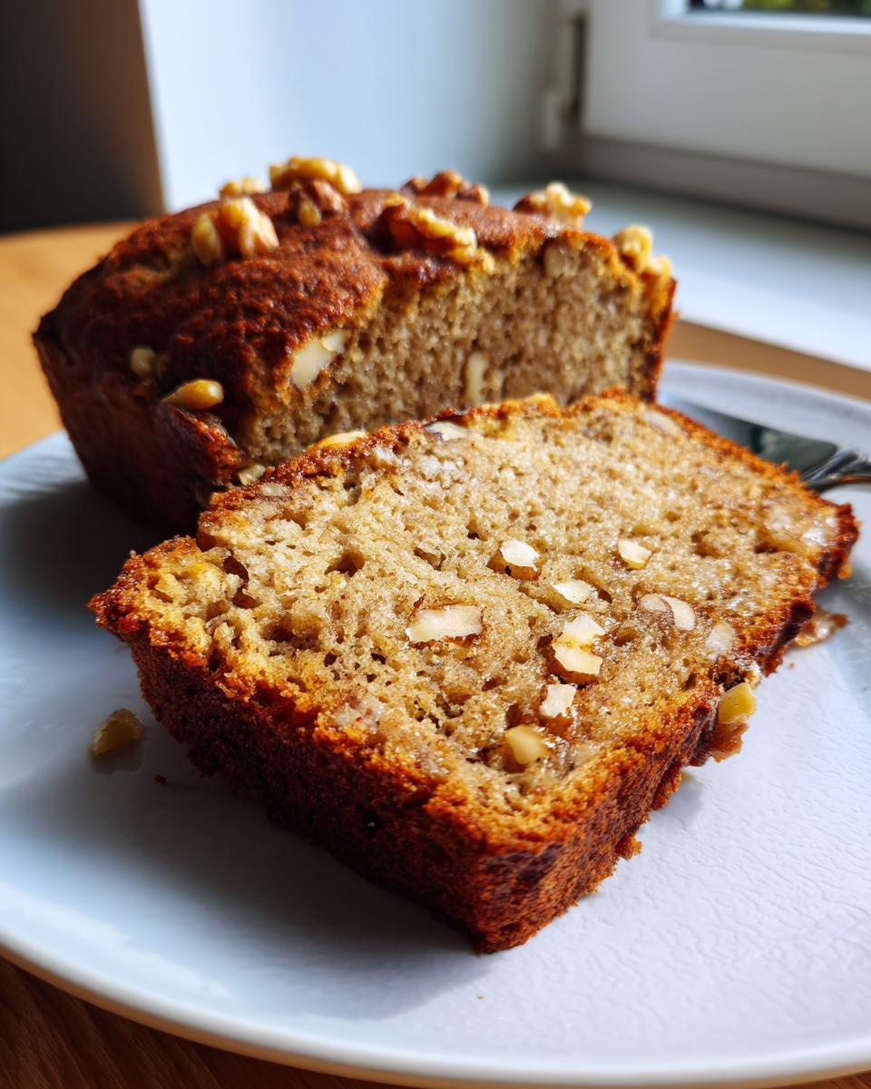 A close-up of a thick slice of Maple Walnut Breakfast Bread with visible walnuts, next to the rest of the loaf.
