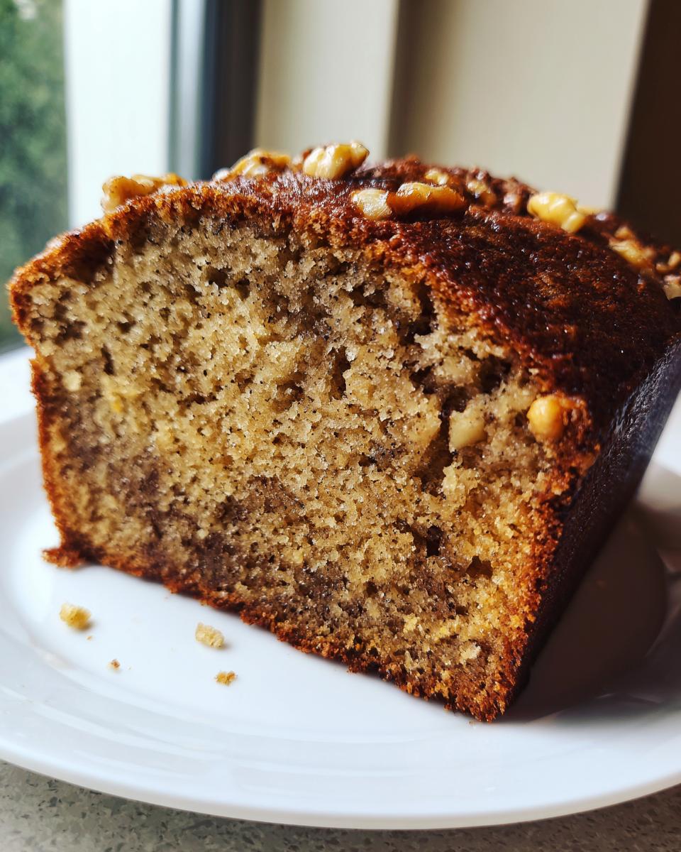 Close-up of a moist slice of Maple Walnut Breakfast Bread topped with crunchy walnuts on a white plate.