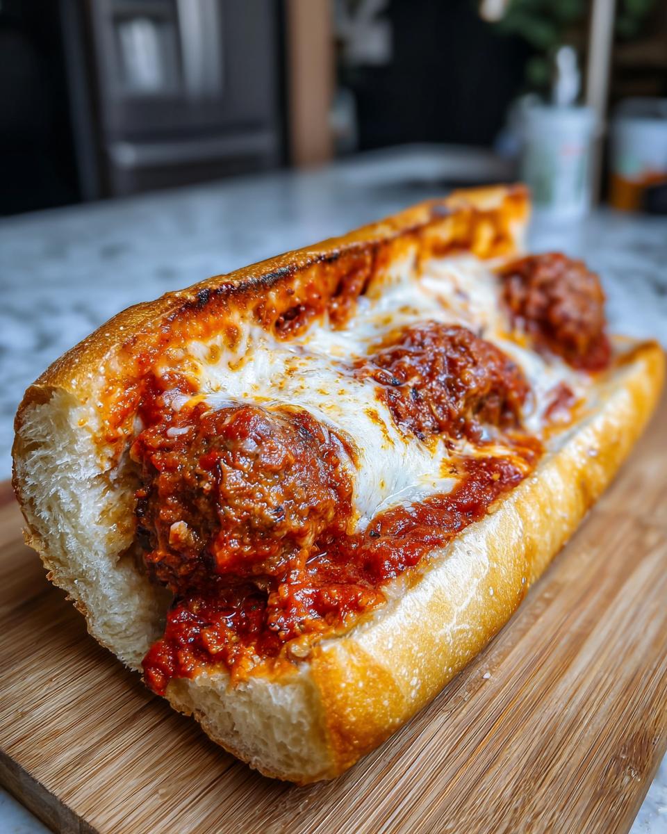 Close-up of a toasted sub roll filled with meatballs, rich marinara sauce, and melted mozzarella cheese for amazing Meatball Subs With Marinara.