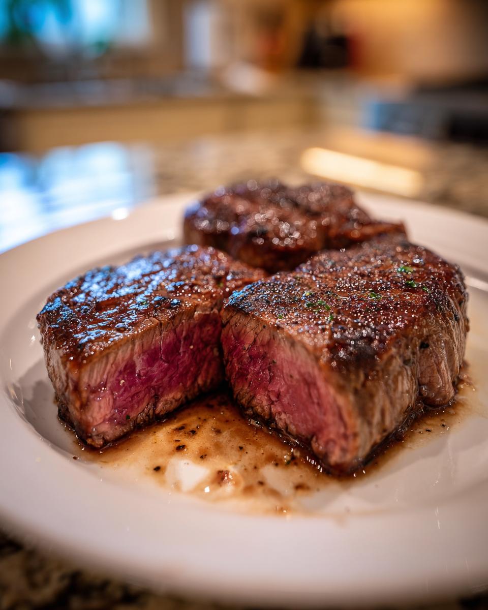 Three perfectly cooked, medium-rare beef steaks resting on a white plate with pan juices, ideal for Fathers Day Beef Recipes.