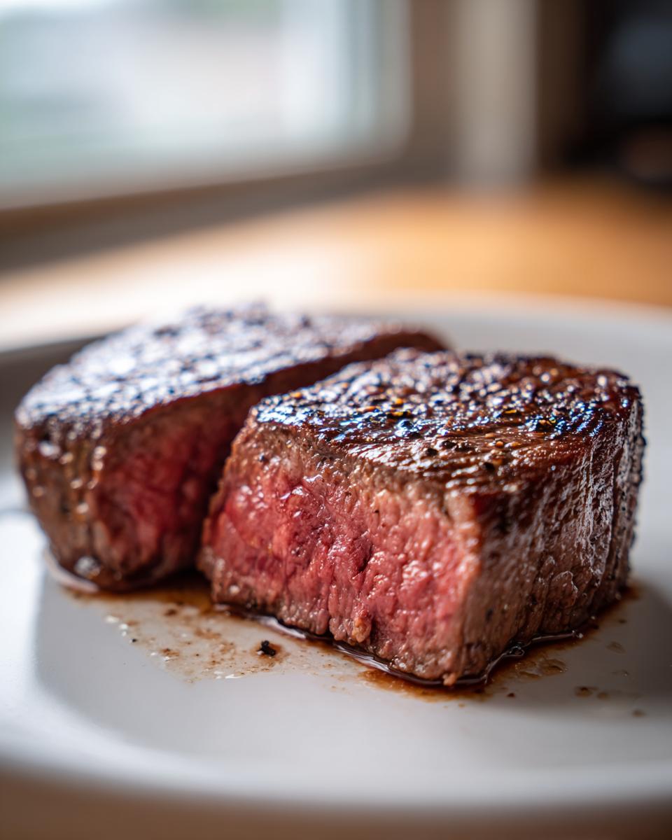 Close-up of two perfectly seared, medium-rare beef steaks resting on a white plate, ideal for Fathers Day Beef Recipes.