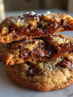 Stack of three gooey chocolate chip cookies, cut open to show melted chocolate, perfect for Fathers Day Recipes.