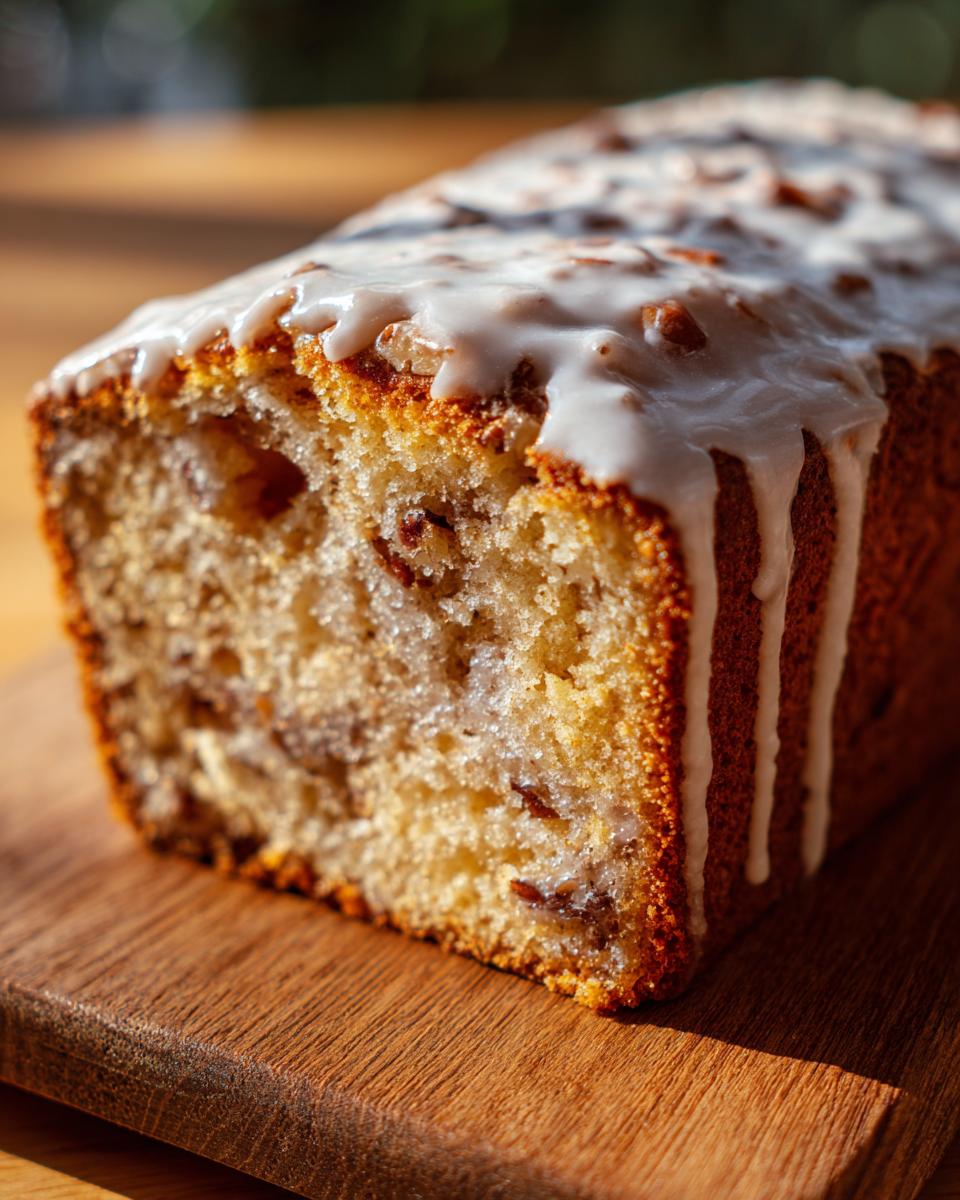 Close-up of a freshly baked Butter Pecan Cake loaf with a thick vanilla glaze dripping down the side.