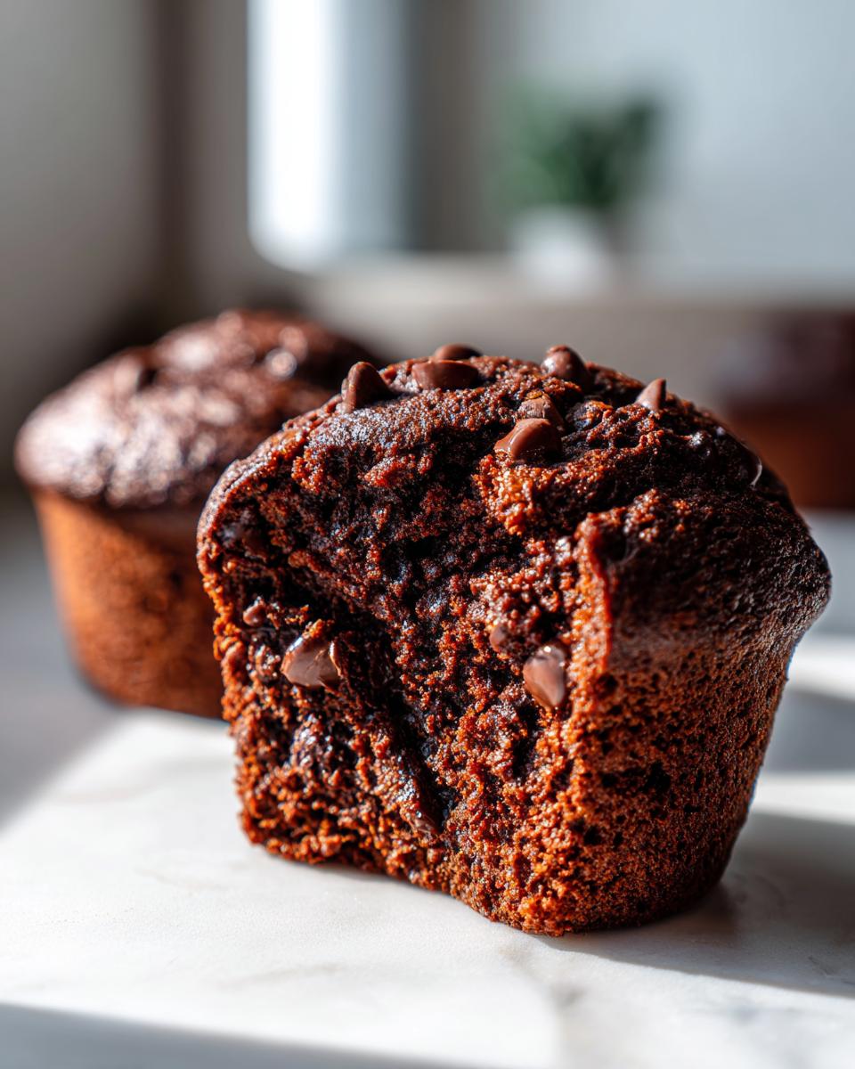 Close-up of a moist Chocolate Zucchini Muffins with a bite taken out, showing rich texture and chocolate chips.
