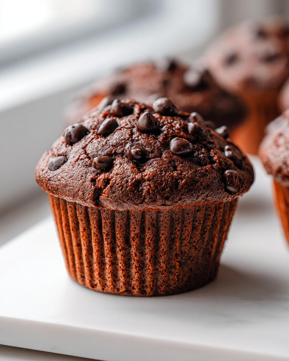 Close-up of a freshly baked, dark Chocolate Zucchini Muffin topped generously with chocolate chips.