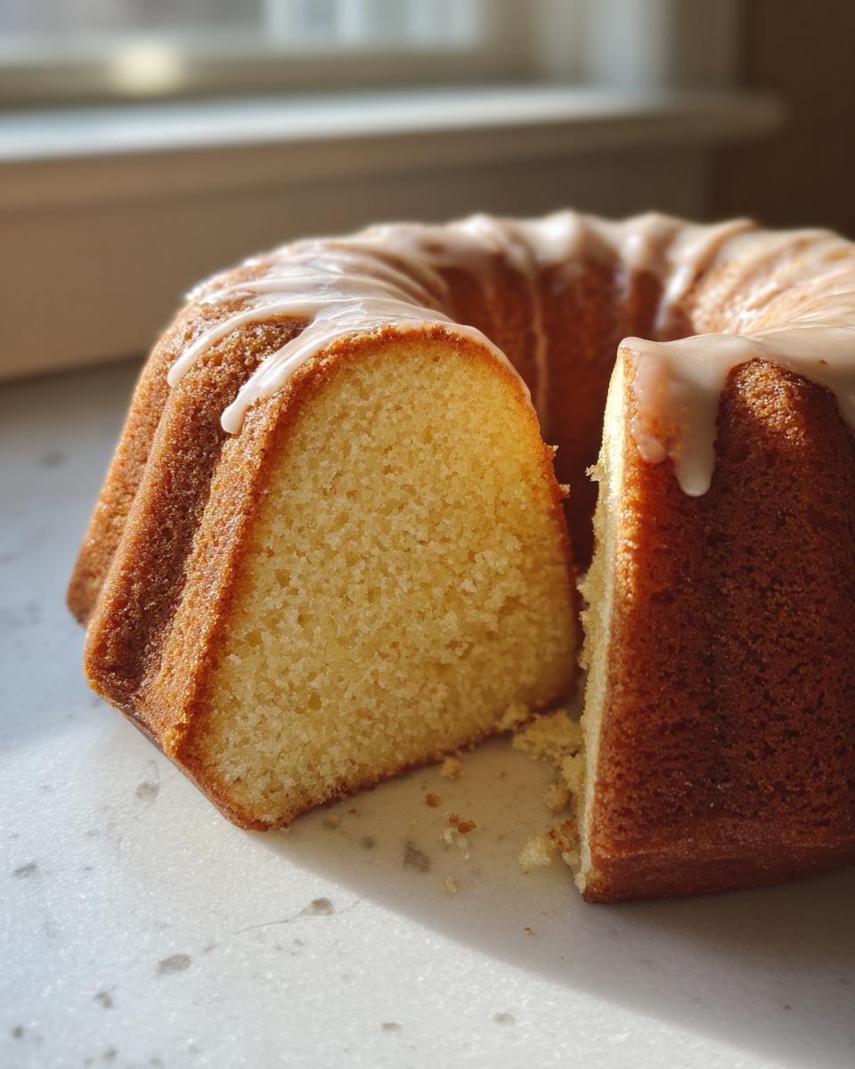 Close-up of a golden brown Bundt Cake with a slice cut out, drizzled with white glaze.