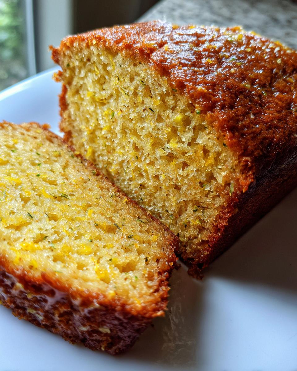 Close-up of a moist slice cut from a loaf of Lemon Zucchini Bread, showing the golden crumb and flecks of green zucchini.