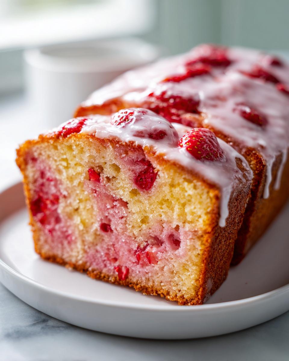 Close-up of a sliced Strawberry Cake loaf showing moist crumb packed with strawberries and topped with white glaze.