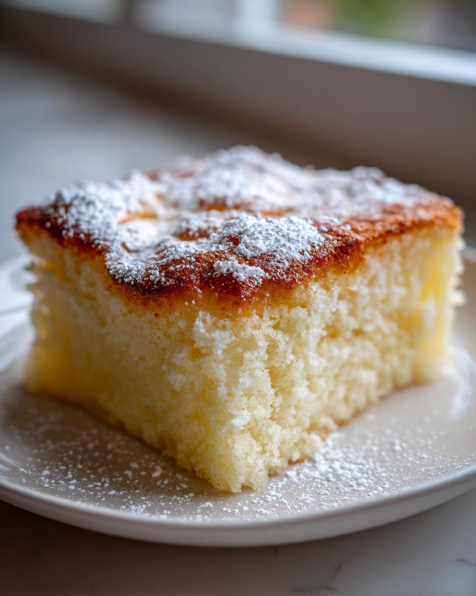 Close-up of a moist, square slice of Tres Leches Cake dusted generously with powdered sugar on a light plate.