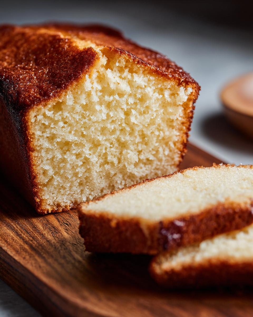 Close-up of a sliced loaf of moist, golden-brown Vanilla Cake on a wooden board.