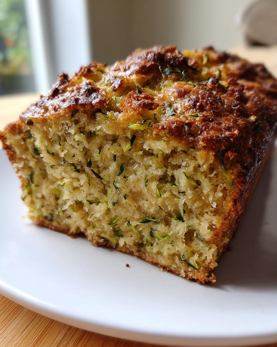 Close-up of a moist slice of Zucchini Banana Bread showing shredded green zucchini throughout the crumb.