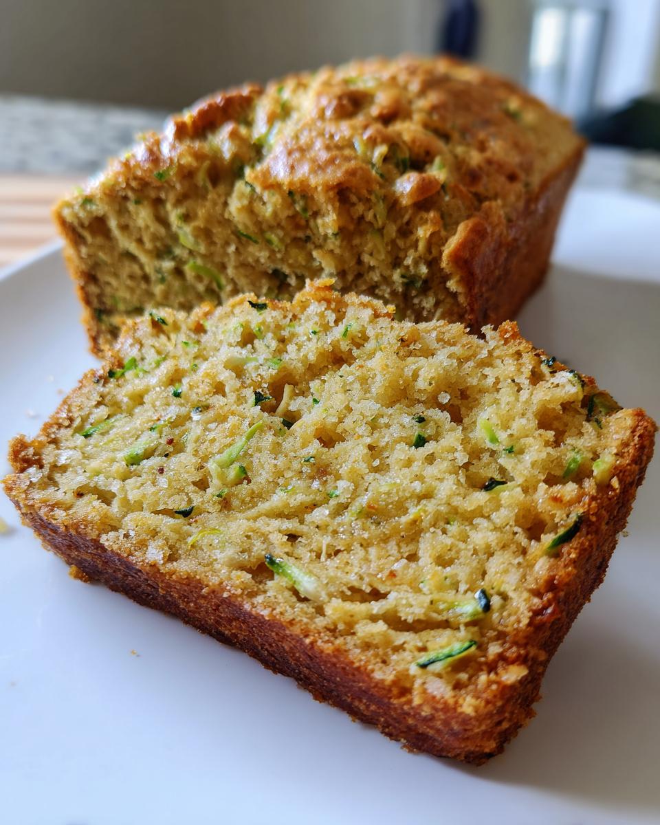 Close-up of a moist slice of Zucchini Banana Bread showing shredded zucchini and a golden, sugary crust.