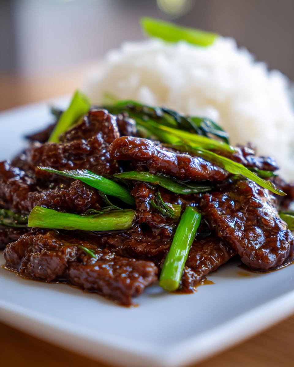 Close-up of glossy, saucy Mongolian Beef strips mixed with bright green scallions, served next to a mound of white rice.