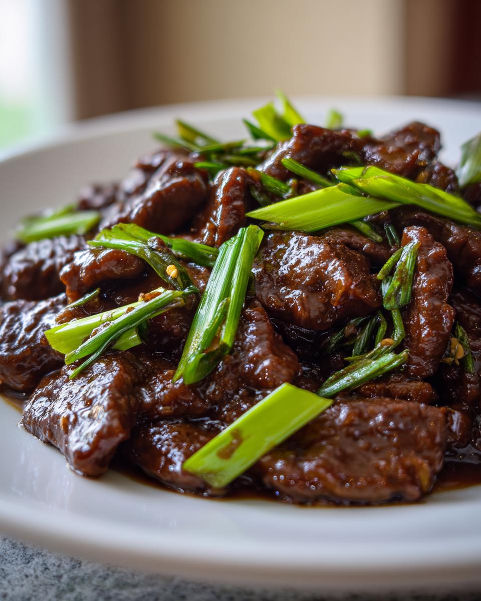 Close-up of tender slices of glossy, dark brown Mongolian Beef topped with bright green scallions.