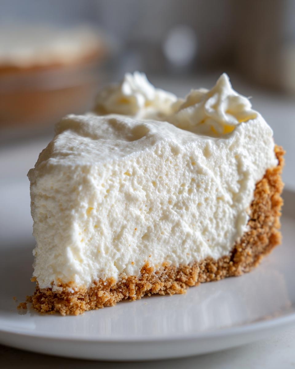 Close-up of a thick slice of no-bake cheesecake with a graham cracker crust, perfect for summer.