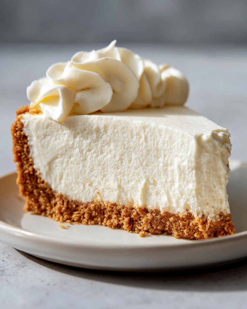 A perfect slice of creamy no-bake cheesecake with a graham cracker crust and whipped topping, ideal for Fathers Day.