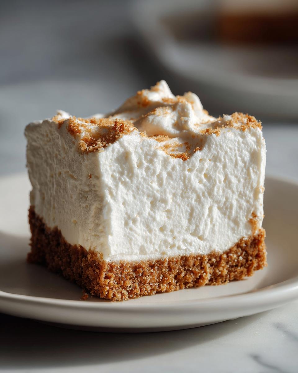 Close-up of a slice of no-bake Summer Cheesecake featuring a thick, fluffy white filling and a graham cracker crust.