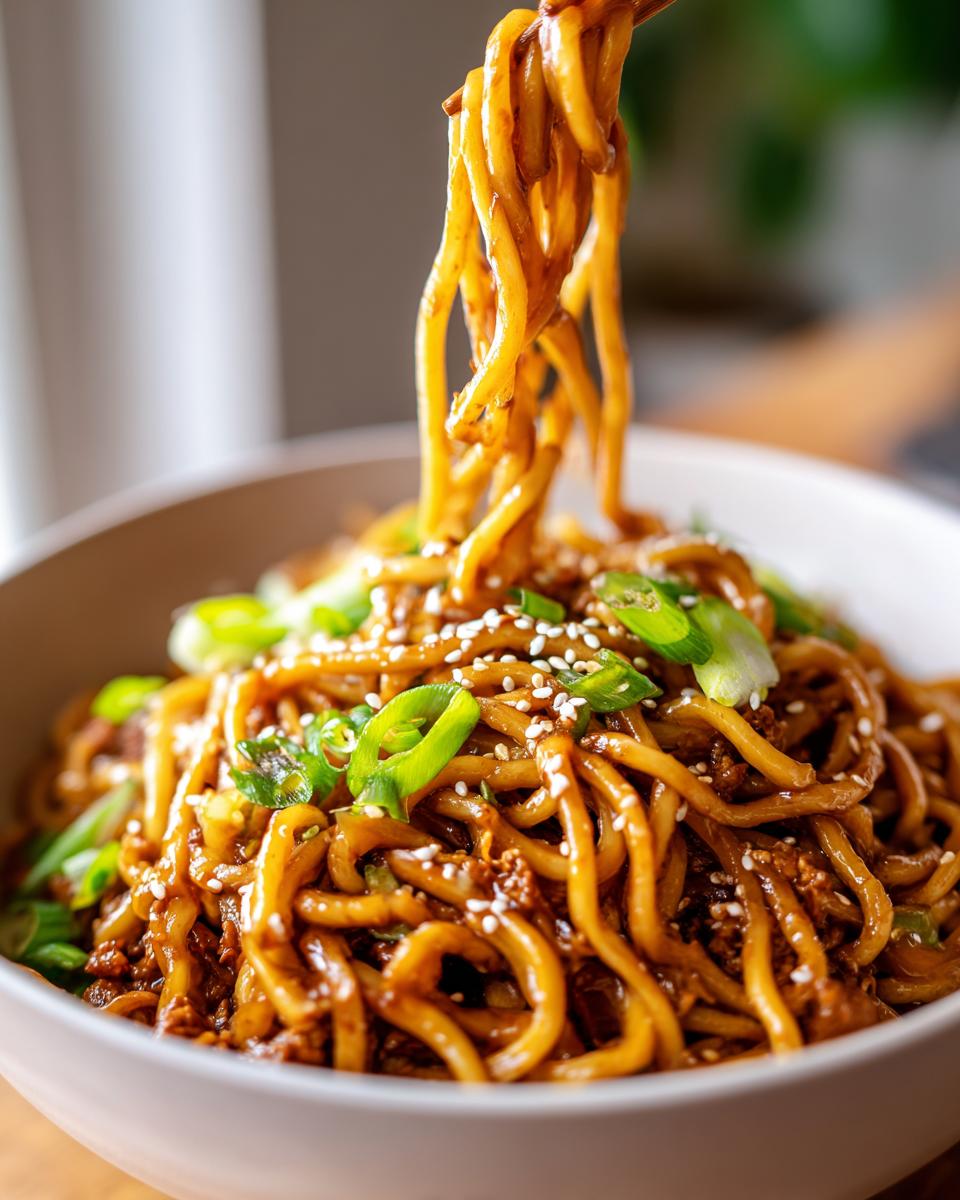 Close-up of saucy, glossy Noodles Aesthetic being lifted from a white bowl with chopsticks, topped with sesame seeds and green onions.