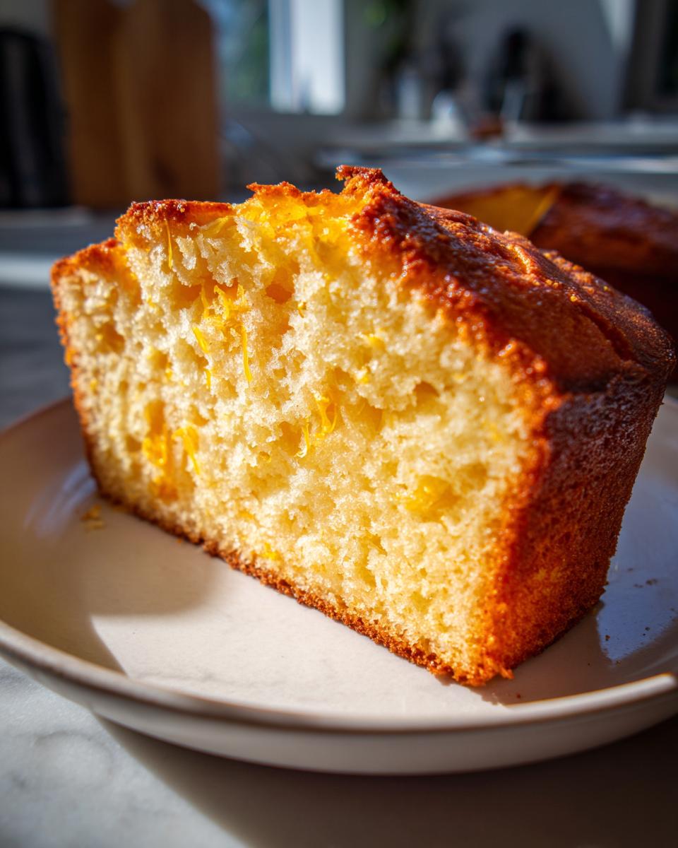 Close-up of a moist slice of Olive Oil Orange Cake showing bright yellow crumb and orange zest.