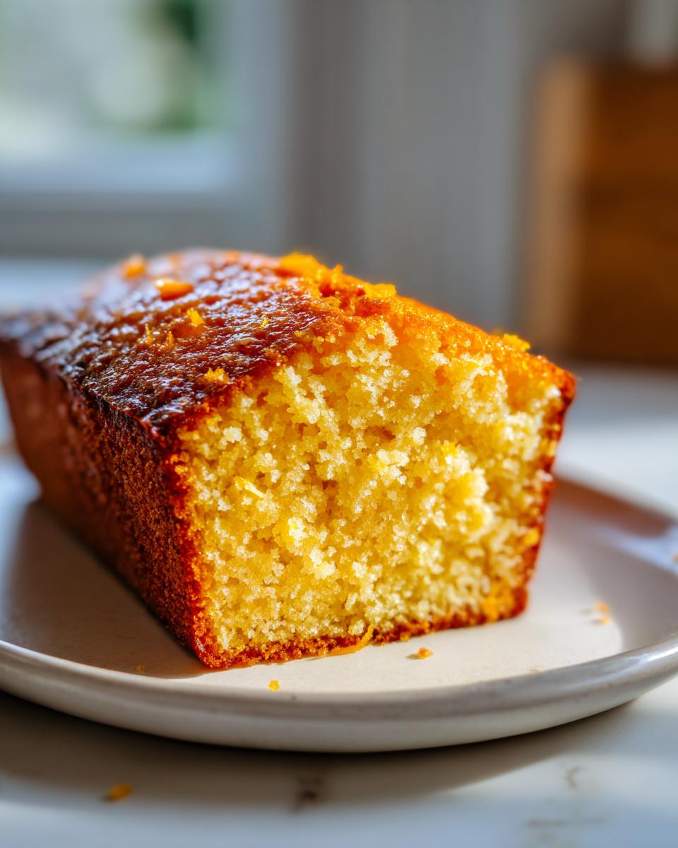 Close-up of a moist slice of Olive Oil Orange Cake showing its bright yellow crumb and glazed top with zest.