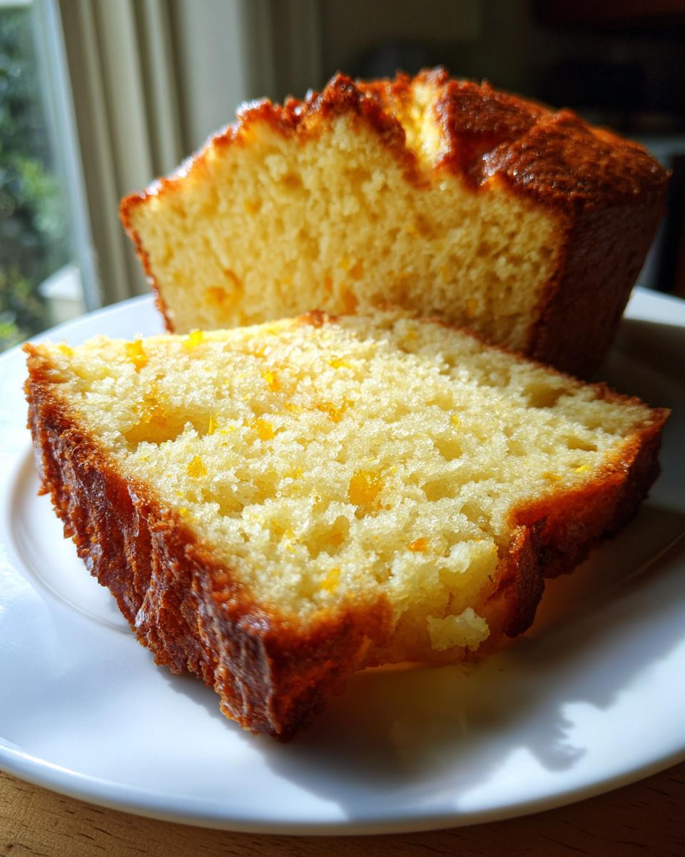 A close-up of a moist slice of Olive Oil Orange Cake showing bright yellow crumb and orange zest, with the rest of the loaf behind it.