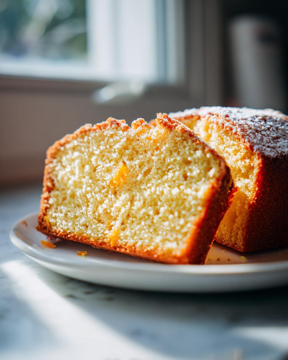 Two slices of moist Olive Oil Orange Cake dusted with powdered sugar on a white plate.