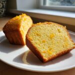 Two slices of bright yellow Olive Oil Orange Cake with visible zest pieces, served on a white plate.