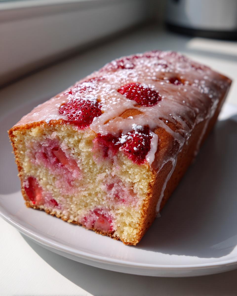 A cross-section view of a freshly baked Strawberry Cake loaf, topped with pink glaze and powdered sugar.