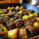 Close-up of seared steak bites and golden potatoes coated in garlic butter sauce and herbs.