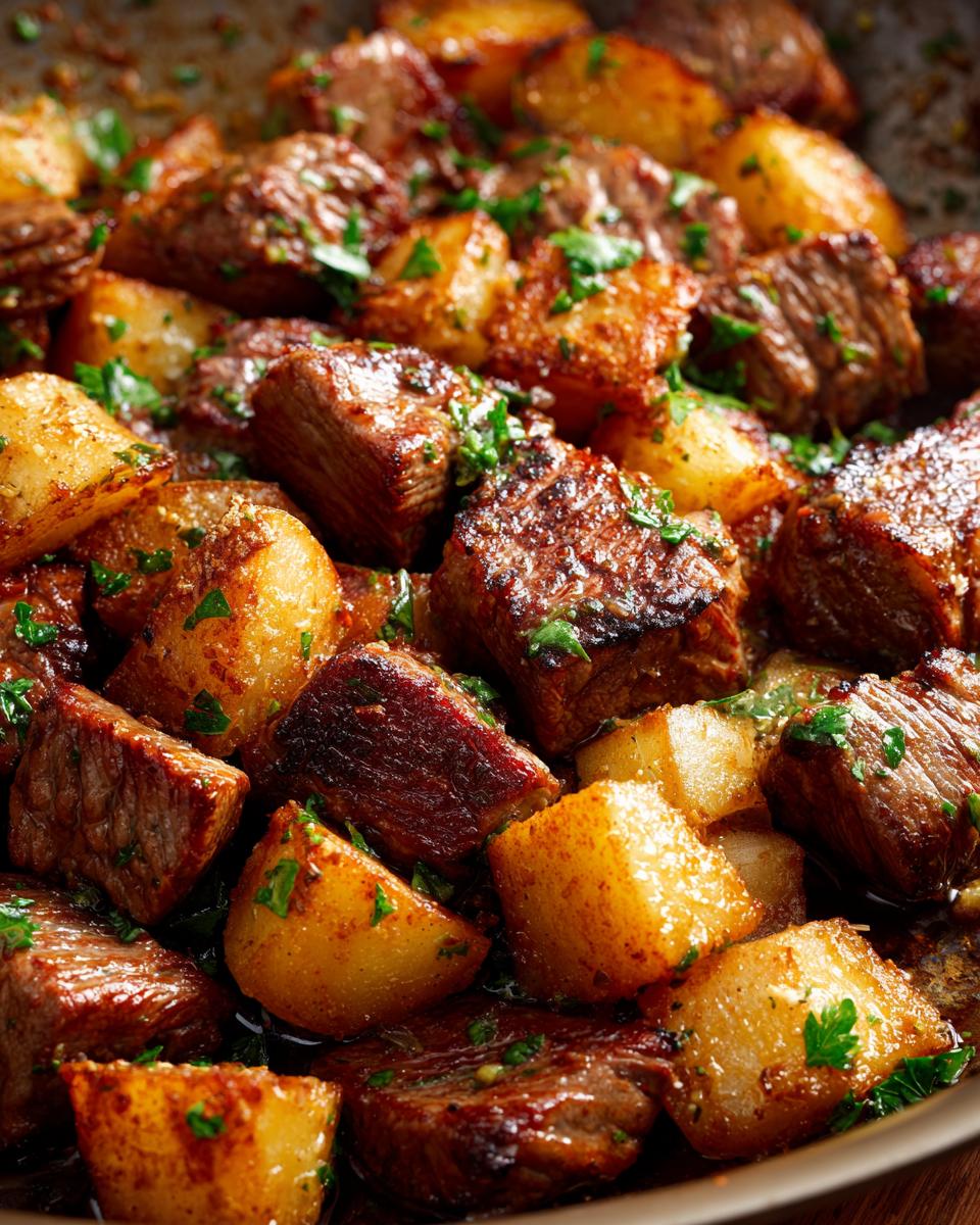 Close-up of browned steak cubes mixed with golden roasted potatoes, garnished with parsley, from the One Pan Garlic Butter Steak And Potatoes recipe.