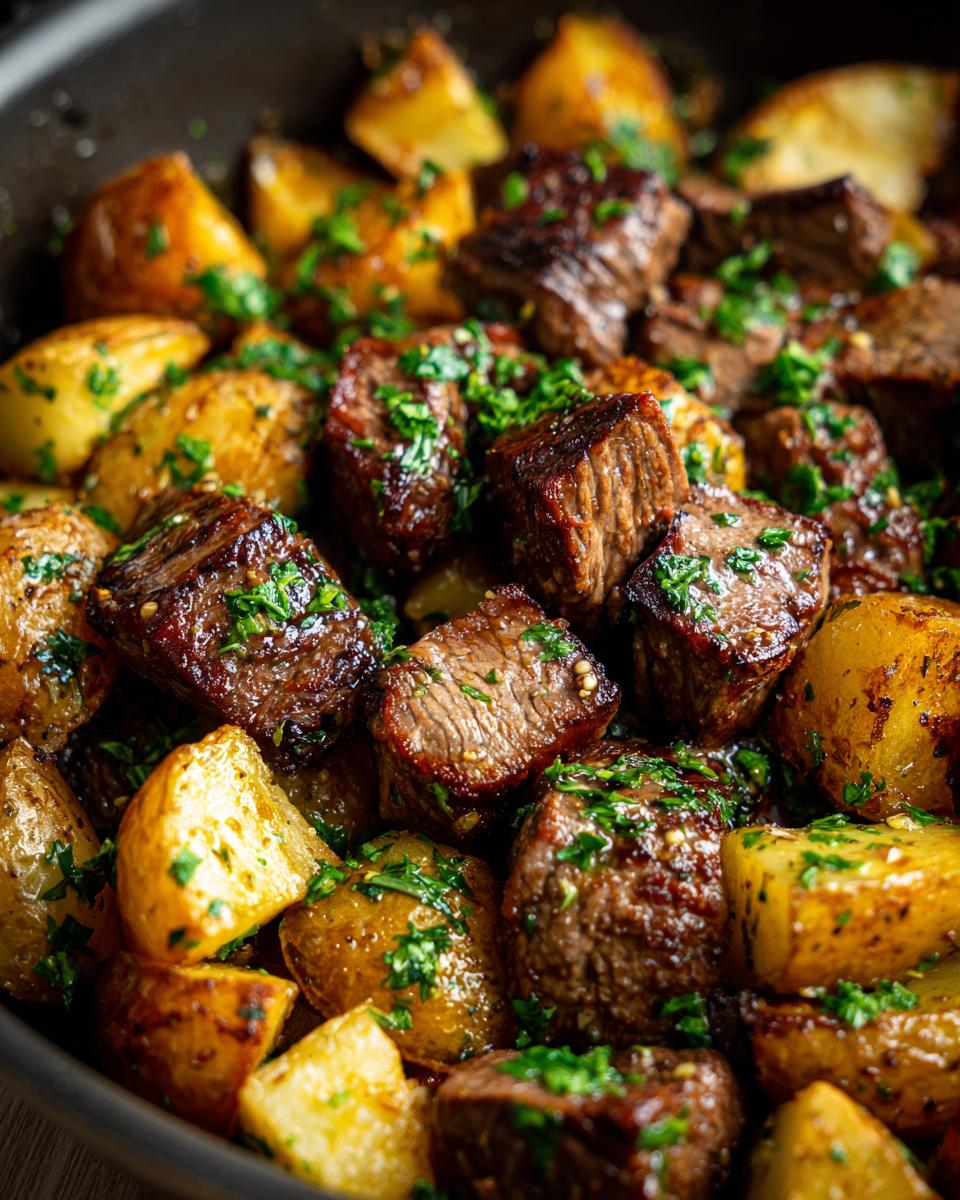 Close-up of seared steak bites mixed with roasted potatoes, coated in garlic butter and garnished with parsley, from the One Pan Garlic Butter Steak And Potatoes recipe.