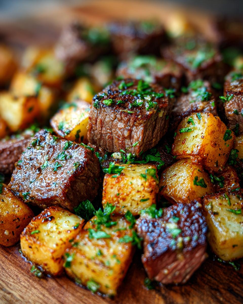 Close-up of seared steak cubes and golden roasted potatoes tossed in garlic butter and parsley for One Pan Garlic Butter Steak And Potatoes.