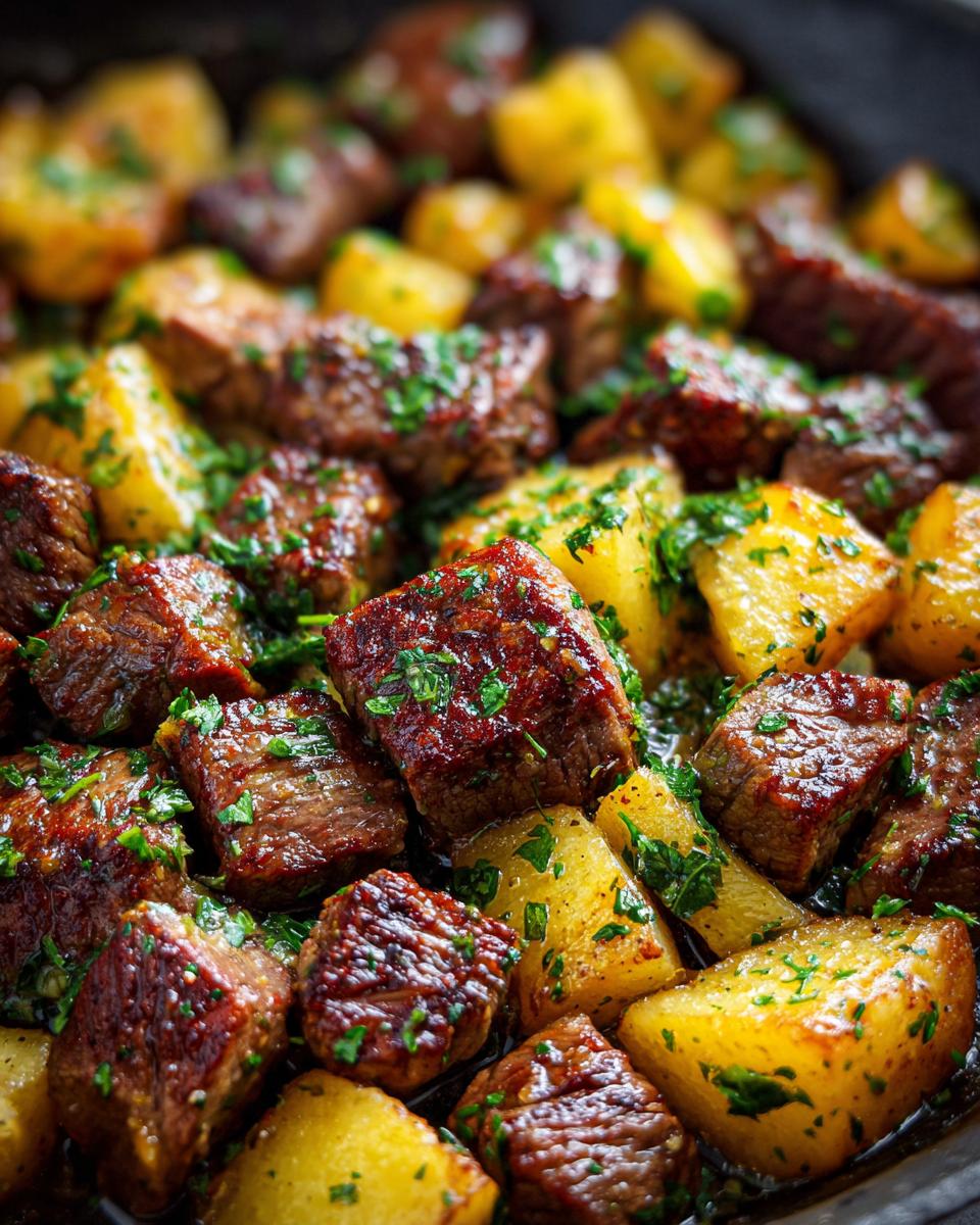 Close-up of seared steak cubes and golden potatoes coated in garlic butter and fresh parsley, part of the One Pan Garlic Butter Steak And Potatoes.