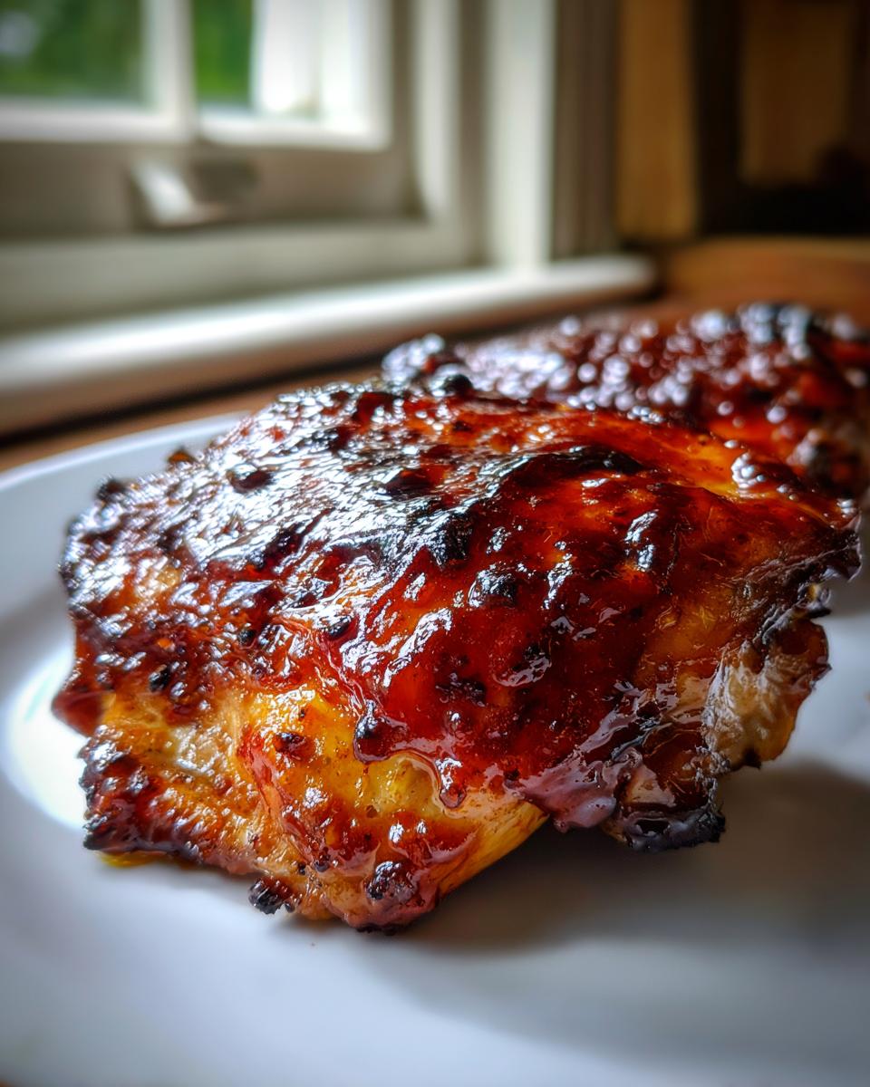Close-up of a piece of perfectly cooked One Pan Honey Bbq Chicken with a thick, glossy, caramelized glaze.