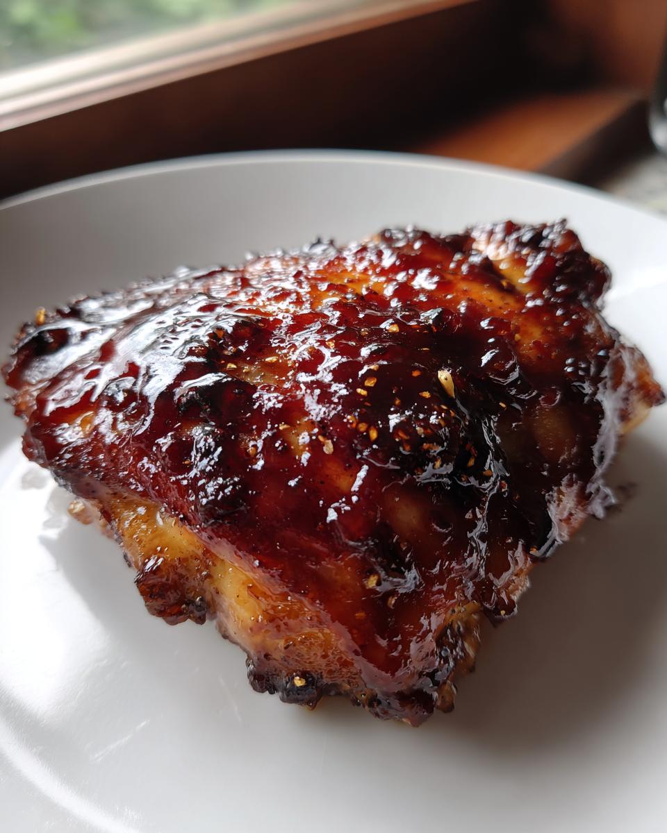 Close-up of a perfectly cooked piece of One Pan Honey Bbq Chicken with a thick, glossy, dark glaze.
