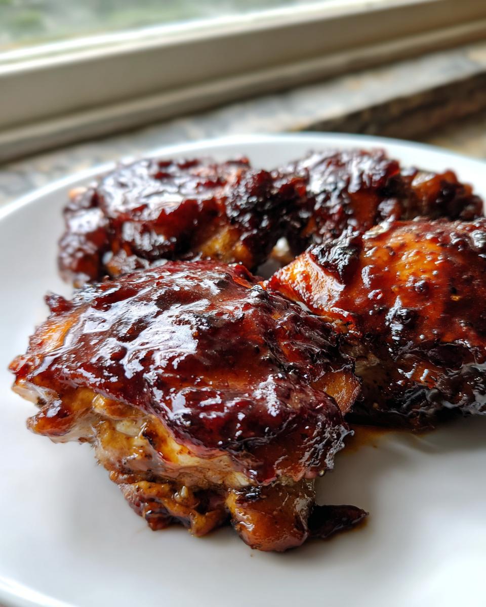 Close-up of juicy chicken pieces coated in thick, glossy sauce for One Pan Honey Bbq Chicken recipe.