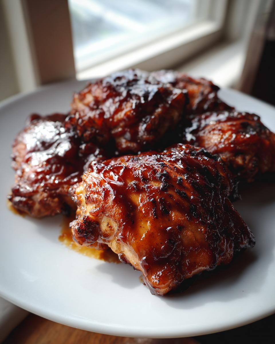 Close-up of four glistening, glazed chicken thighs coated in rich sauce, representing One Pan Honey Bbq Chicken.