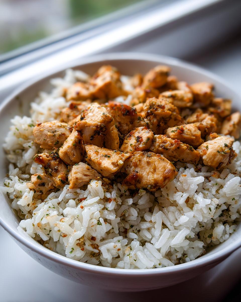 Close-up of a white bowl filled with fluffy white rice topped generously with seasoned, diced chicken pieces, highlighting the Chicken And Rice dish.