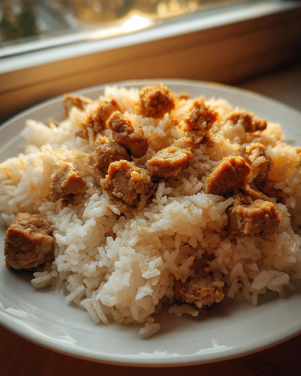 A close-up of a serving of white rice topped with seasoned, cubed chicken pieces, representing the one pot Chicken And Rice dish.