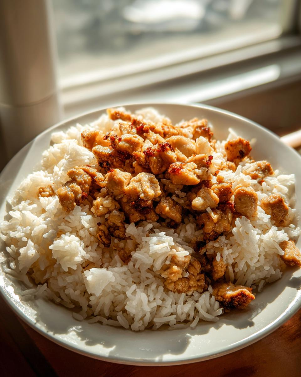 A close-up of a white bowl filled with fluffy white rice topped generously with seasoned, browned pieces of Chicken And Rice.