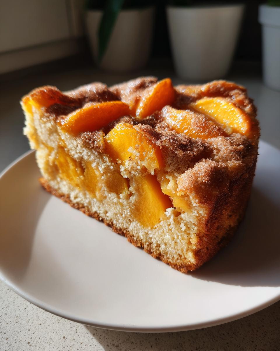 A moist slice of Peach Cobbler Cake topped with baked peach slices and cinnamon sugar.
