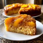 A close-up slice of moist Peach Cobbler Cake topped with caramelized peaches and cinnamon.